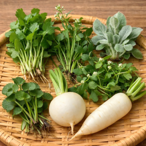 春の七草（せり・なずな・ごぎょう・はこべら・ほとけのざ・すずな・すずしろ）のイメージ